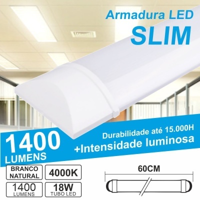 Armadura LED slim branca com especificações técnicas e texto informativo