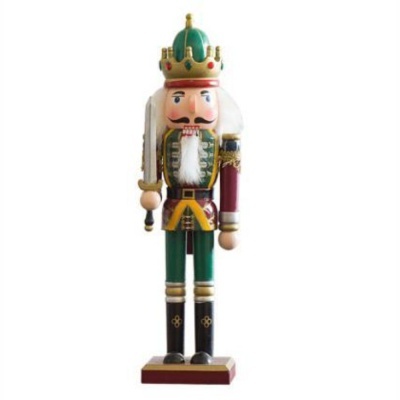 Boneco Quebra-Nozes decorativo em madeira com espada e coroa verde dourada