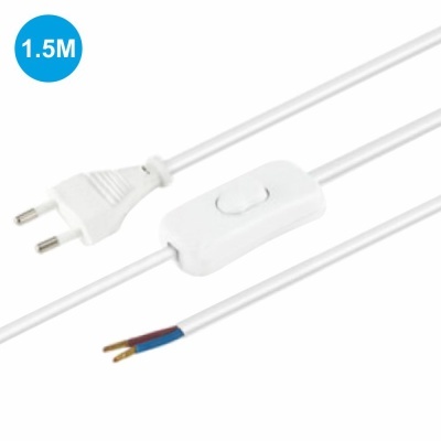 Cabo elétrico branco com tomada, interruptor e fios desencapados