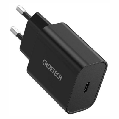 Carregador de parede preto CHOETECH com porta USB-C e ficha tipo europeu