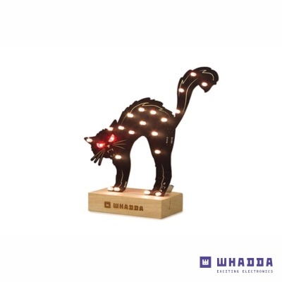 Luminária gato preto luzes base madeira