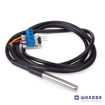 Sensor eletrónico com cabo preto, conector azul e corpo metálico