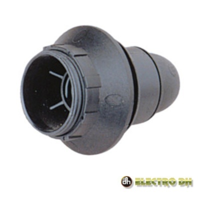 Conector plástico preto com rosca em fundo branco com logótipo Electro DH