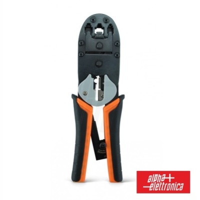 Ferramenta de crimpagem preta com punhos pretos e laranja e logótipo 'alpha+ elettronica' vermelho