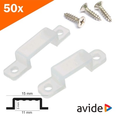 Suportes plásticos brancos com parafusos metálicos e texto 50x avide