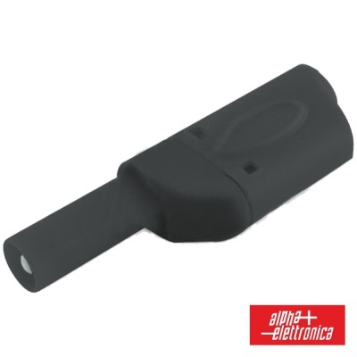 Conector eletrónico preto sobre fundo branco com logotipo alpha elettronica