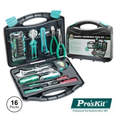 Conjunto de ferramentas Pro'sKit num estojo preto e verde com 16 peças.