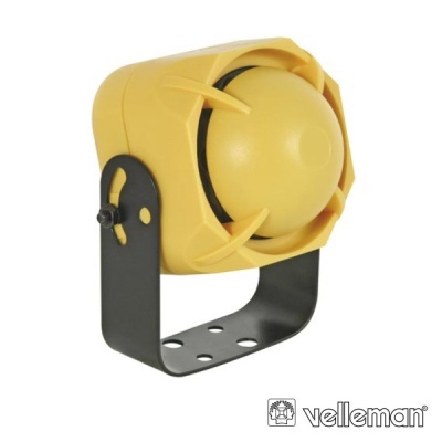 Sirene amarela com suporte metálico preto e logotipo Velleman