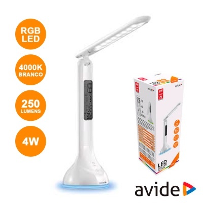 Candeeiro LED de mesa branco com painel digital e embalagem da marca avide