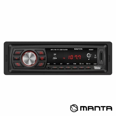 Leitor MP3 Manta RS4607 com visor digital vermelho, botão prateado e entrada USB