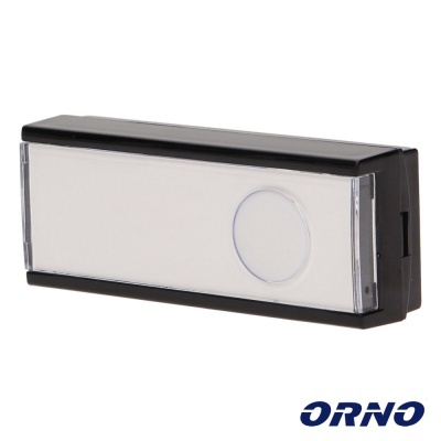 Campainha eletrónica retangular preta e branca com botão circular e logótipo ORNO