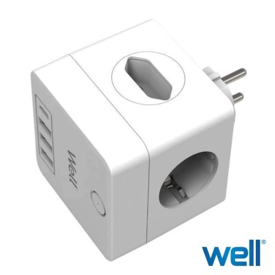 Tomada elétrica branca com múltiplas entradas e três portas USB