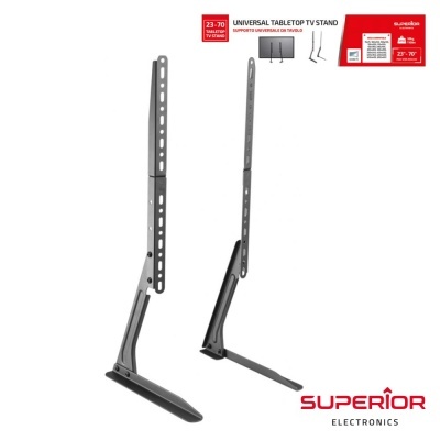 Suporte universal para TV de mesa preto com base larga e embalagem vermelha e branca da Superior Electronics