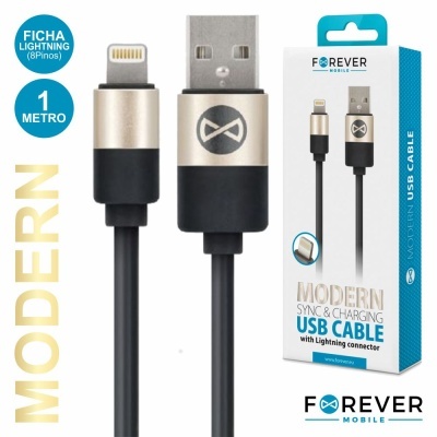 Cabo USB preto com conector Lightning e embalagem da marca Forever Mobile