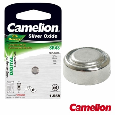 Pilha botão Camelion Silver Oxide SR43 1.55V em embalagem com texto verde e preto