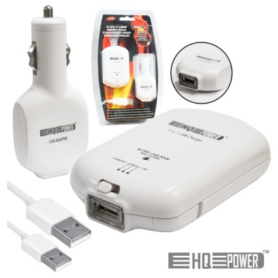 Adaptador para carro, carregador USB e cabo USB HQ Power brancos