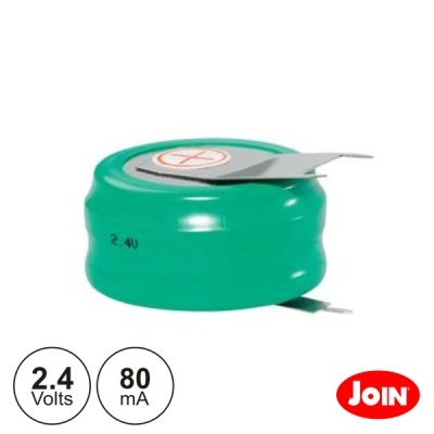 Bateria verde cilíndrica com contactos metálicos e texto '2.4V' num fundo branco com logo JOIN