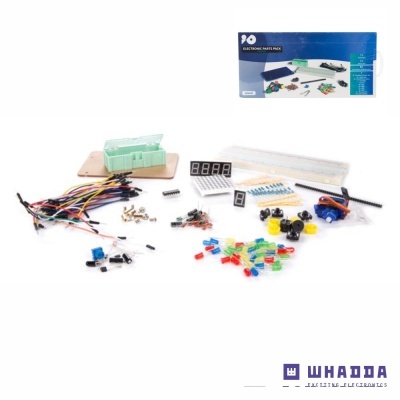 Kit de componentes eletrónicos variados com fios, LEDs, displays e breadboard