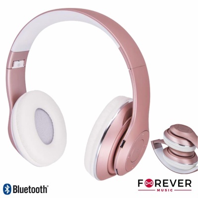 Auriculares Bluetooth rosa com almofadas brancas e logotipos