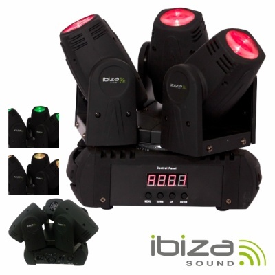Luz de palco Ibiza Sound preta com três focos LED coloridos e painel de controlo digital.