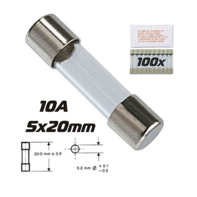 Fusível cilíndrico de vidro com tampas metálicas e embalagem 100x