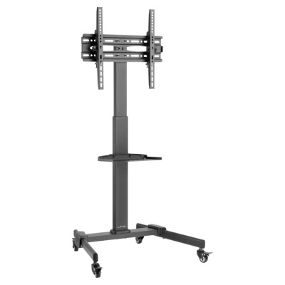 Suporte móvel para TV em metal preto com rodas e prateleira