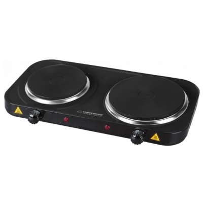 Fogão elétrico portátil com duas placas pretas e botões de controlo