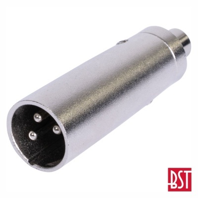 Adaptador metálico prateado com três pinos e logótipo BST