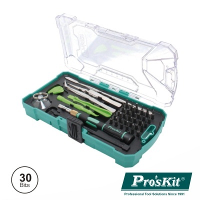 Estojo de ferramentas Pro'sKit com 30 bits e chave de fendas em caixa verde e tampa transparente