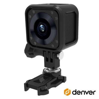 Câmara de ação preta quadrada com suporte e logótipo Denver