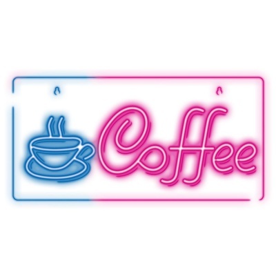 Letreiro de néon com chávena de café azul e texto 'Coffee' cor-de-rosa.
