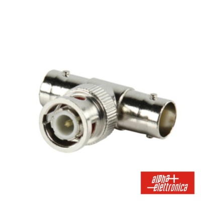 Conector tipo T metálico BNC com logótipo alpha elettronica