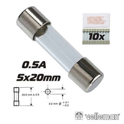 Fusível de vidro 5x20mm com 0.5A e embalagem 10 unidades