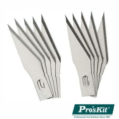 Lâminas metálicas afiadas em grupos com suporte branco e logótipo Pro'sKit