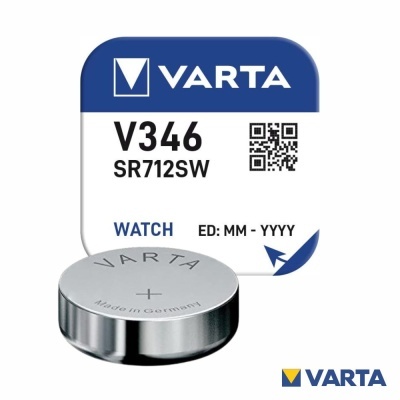 Pilha moeda VARTA V346 SR712SW com embalagem azul e branca contendo código QR
