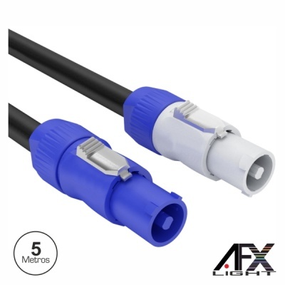 Cabo com conectores Speakon azul e branco, cabo preto, indicação 5 metros e logótipo AFX Light