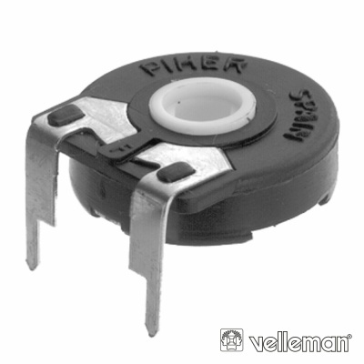 Potenciômetro trimmer rotativo preto com eixo branco e terminais metálicos