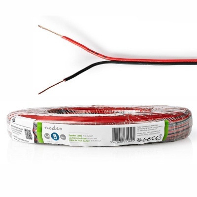 Cabo de coluna vermelho e preto enrolado com etiqueta e código de barras