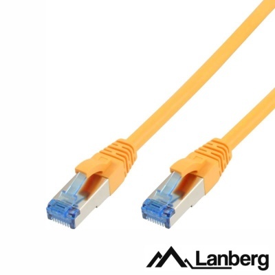 Cabo de rede amarelo com conectores RJ45 metálicos e proteção plástica azul