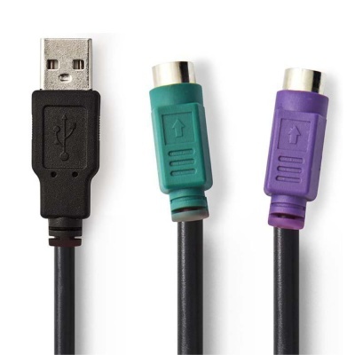 Cabo com conetores USB e PS/2 preto, verde e roxo