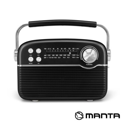 Rádio portátil preto com alça e botões, fundo branco