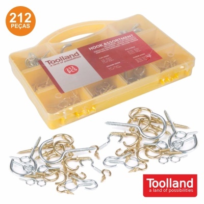 Caixa amarela transparente com 212 ganchos de metal dourado e prateado e rótulo vermelho Toolland