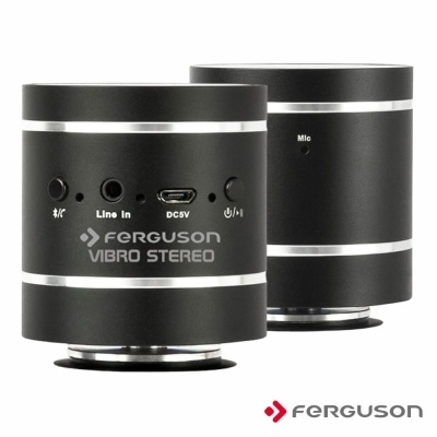 Altifalantes portáteis pretos Ferguson Vibro Stereo com detalhes prateados