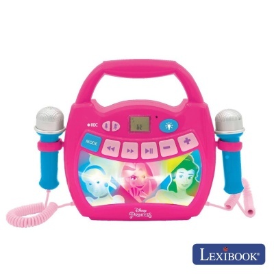 Karaoke rosa para crianças com tema Disney Princesas e dois microfones azuis.