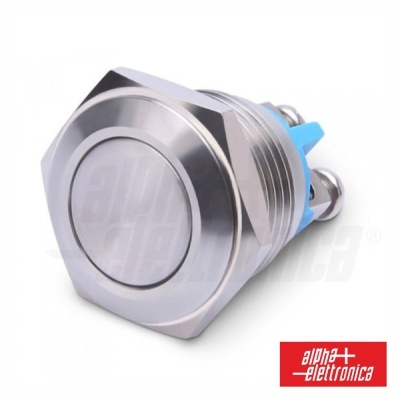 Botão metálico de pressão prateado com base azul e terminais duplos