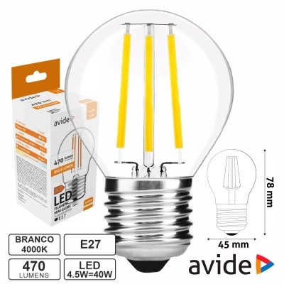 Lâmpada LED avide E27 branco 4000K 470 lumens 4.5W=40W com embalagem