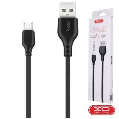 Cabo USB preto com conector USB tipo A e micro USB e embalagem branca com texto