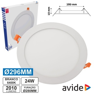 Luminária LED redonda branca de embutir Avide com especificações técnicas visíveis