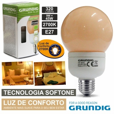Lâmpada LED Grundig com luz de conforto 2700K e embalagem verde e branca