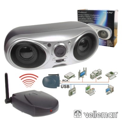 Coluna estéreo prateada Velleman com transmissor preto e gráfico de conexões USB e RCA